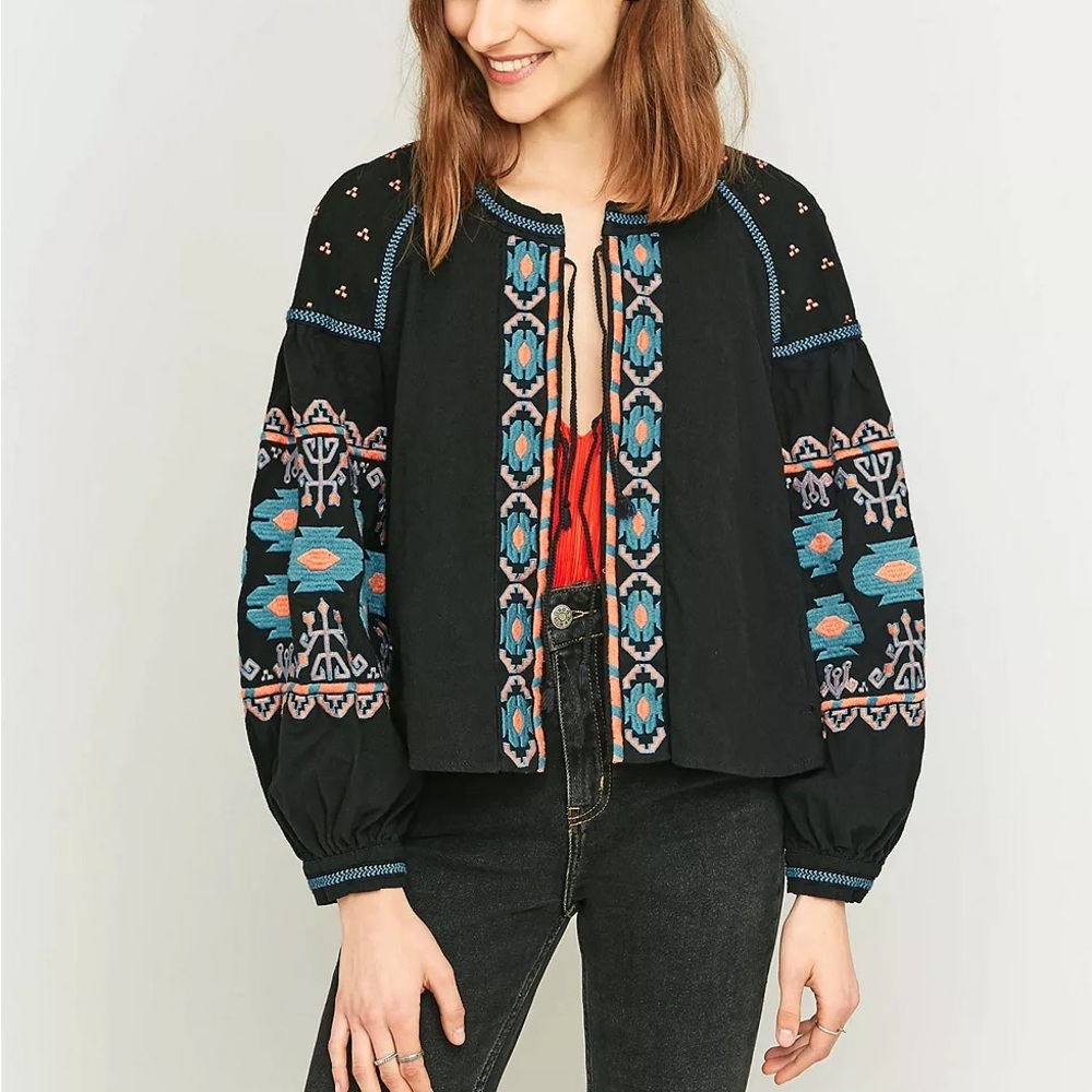 FREE PEOPLE Embroidered Swing Jacket (Black, blue & orange graphic) size Medium - Picture 2 of 15